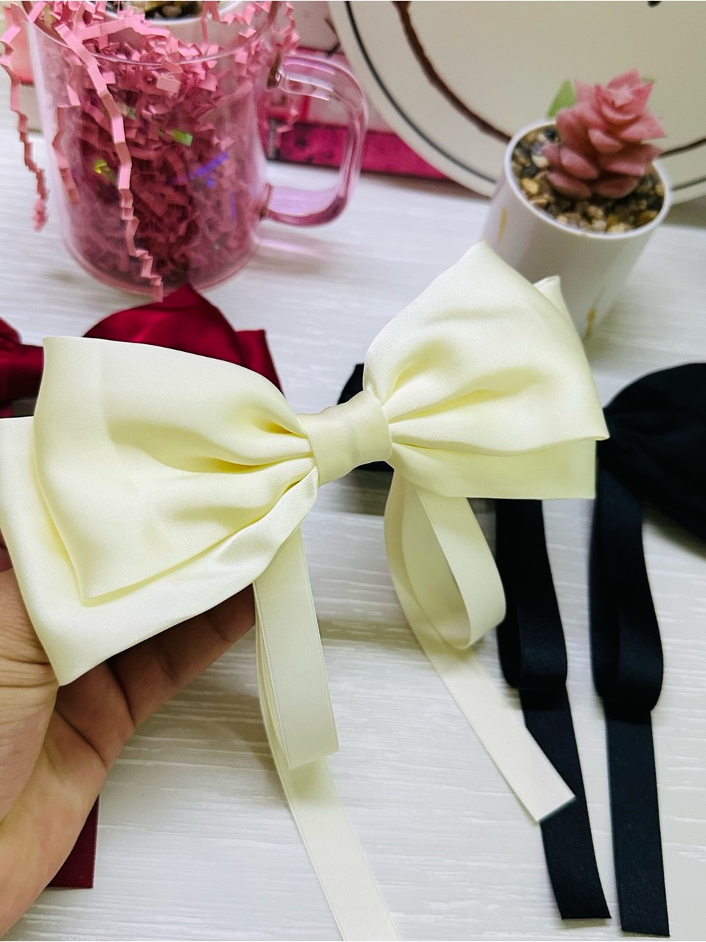 (Pack-3) Satin Bow Hair Clip - Ivory, Black, Burgundy - Picture 2 of 5